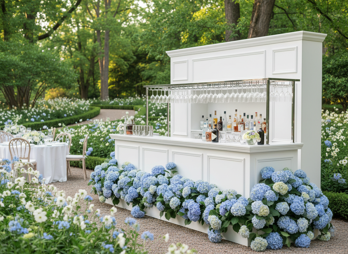 An elegant outdoor garden party bar setup with cascading light blue hydrangeas spilling across the front, white paneled bar backdrop, hanging wine glasses, lush green garden in the background, soft natural light, airy and romantic atmosphere, high-end event styling